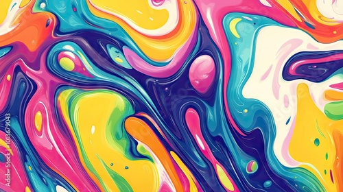 Vibrant abstract swirl patterns in bright shades of pink, blue, yellow, and green evoke a sense of dynamic creativity and fluidity.