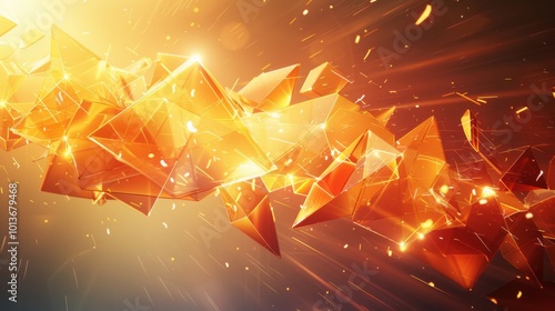 Futuristic glowing triangular shapes in orange hues with dynamic motion and particle effects photo