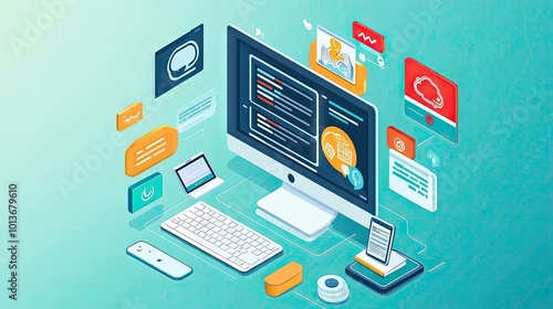 Wallpaper Mural Digital workspace featuring a computer, keyboard, and various app icons, showcasing programming and technology themes. Torontodigital.ca