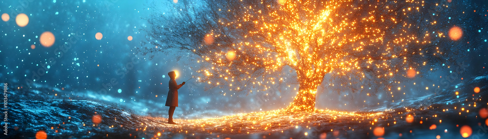 Naklejka premium Abstract Glowing Figure Adorning a Radiant Winter Tree with Lights: Futuristic Digital Landscape for Festive Winter Ads - Captivating Photo Stock Concept