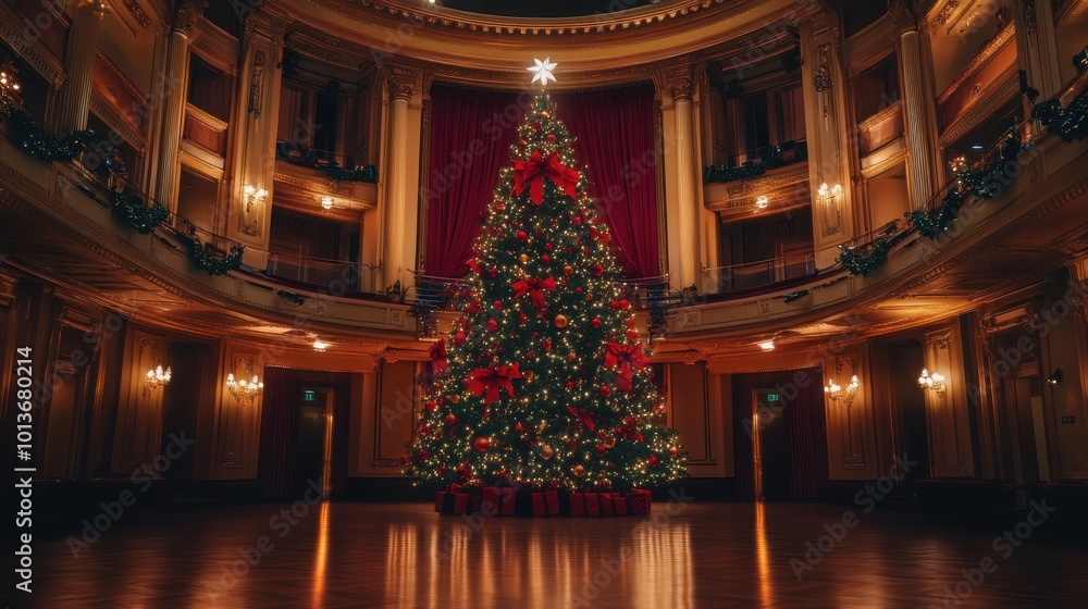 Obraz premium A large Christmas tree in the lobby of a grand theater, ready for a holiday performance.
