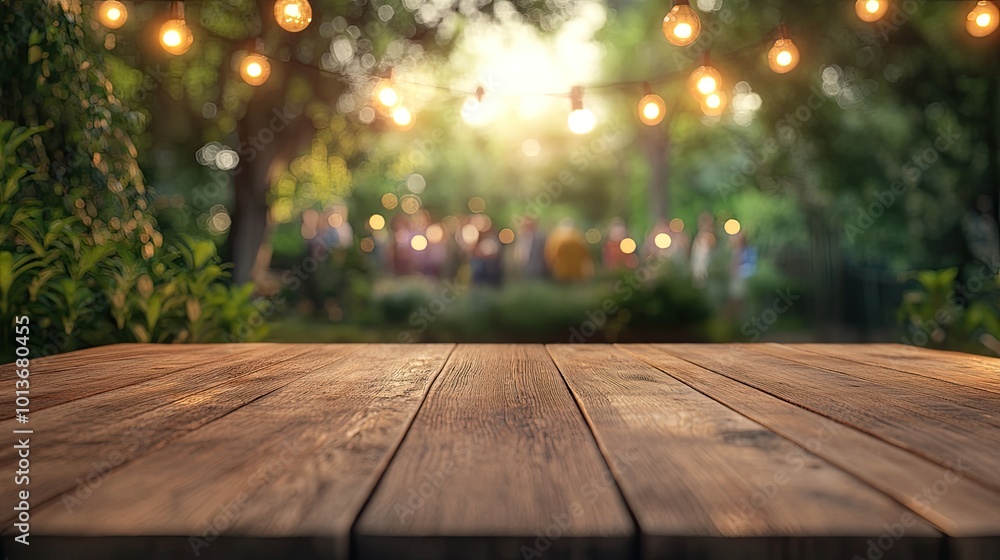 Wooden tabletop in a dreamy outdoor setting with warm string lights illuminating the background. Wooden tabletop in a dreamy outdoor setting with warm string lights illuminating the background.