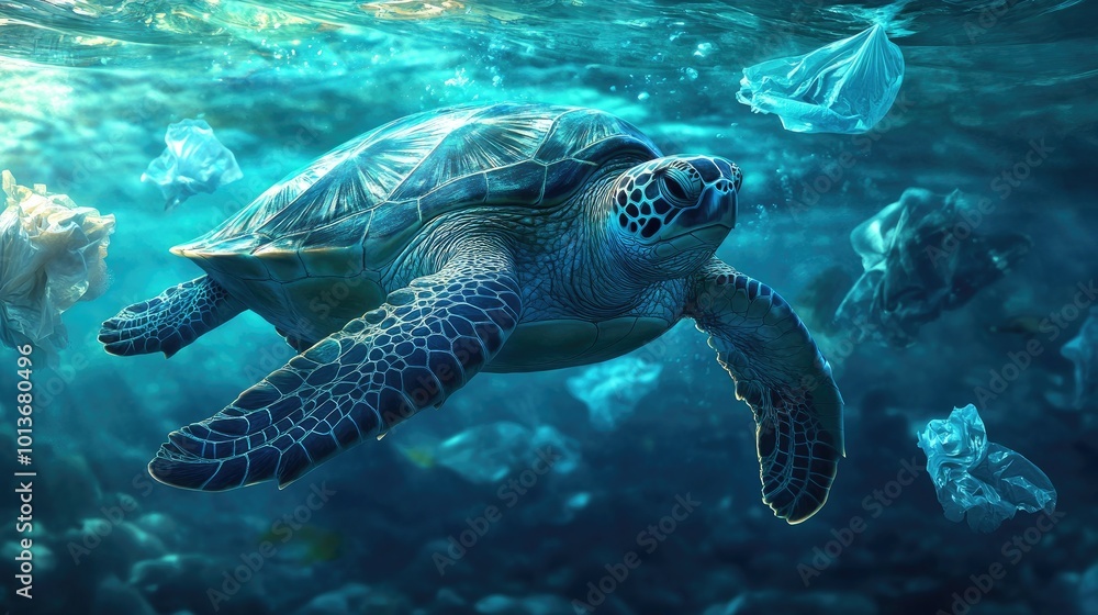 Fototapeta premium A majestic sea turtle gliding gracefully underwater, surrounded by plastic waste, highlighting marine pollution issues.