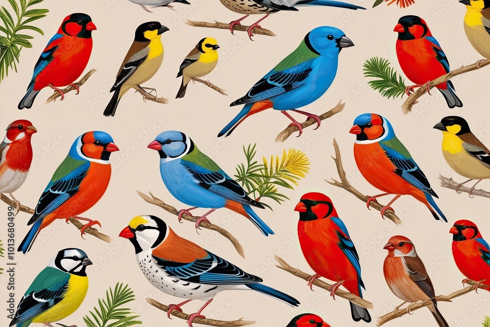 Delightful Array of Finch Birds Perched on Neutral Surface in Vibrant Colours Delightful Array of Finch Birds Perched on Neutral Surface in Vibrant Colours