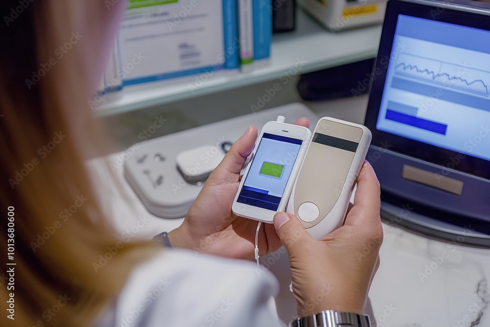 Woman monitors glucose levels with remote sensor and mobile phone. Checking blood sugar levels without blood test. Modern diabetes treatment and management. Woman monitors glucose levels with remote sensor and mobile phone. Checking blood sugar levels without blood test. Modern diabetes treatment and management.