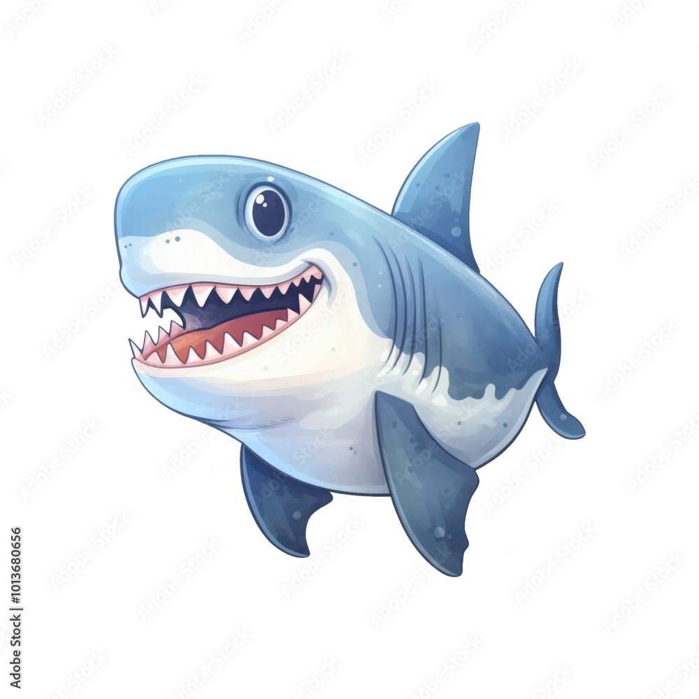 Smiling blue shark with white teeth, water splash background. Ideal for ocean themed designs, children's illustrations, and marine conservation materials. Generative AI Smiling blue shark with white teeth, water splash background. Ideal for ocean themed designs, children's illustrations, and marine conservation materials. Generative AI