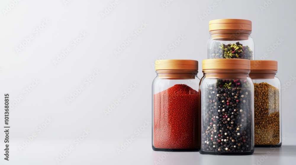 Minimalist Organic Spice Jars Arrangement on Blank Background Minimalist Organic Spice Jars Arrangement on Blank Background