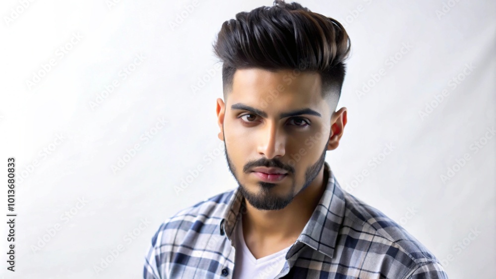 Fototapeta premium A young man with a beard and stylish haircut looking directly at the camera.