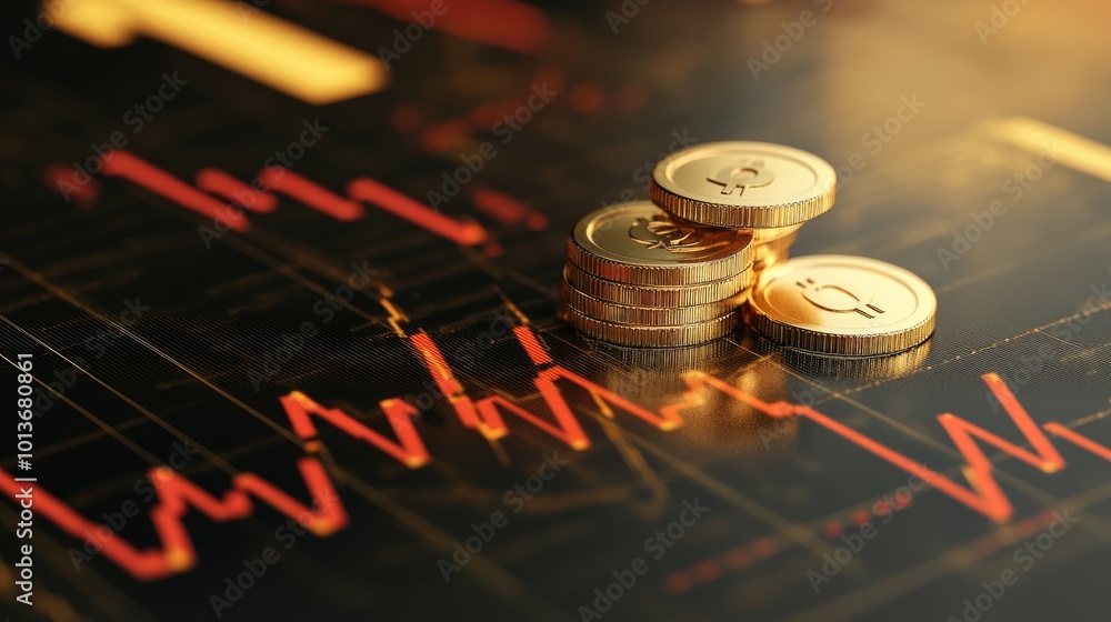 A close-up of shiny gold coins stacked on a textured background featuring fluctuating financial graphs and data. A close-up of shiny gold coins stacked on a textured background featuring fluctuating financial graphs and data.