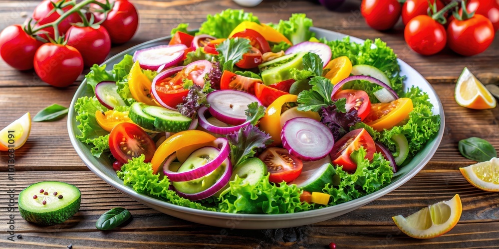 Fresh salad with a variety of colorful vegetables and greens, healthy, organic, farm fresh, nutrition, diet Fresh salad with a variety of colorful vegetables and greens, healthy, organic, farm fresh, nutrition, diet