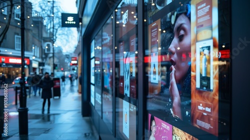 Urban digital advertising on storefront windows in city street