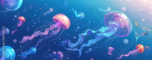 Joyful cartoon jellyfish and fish swimming, thick outlines, minimalistic style, no shading, 4K hyperrealistic photo photo