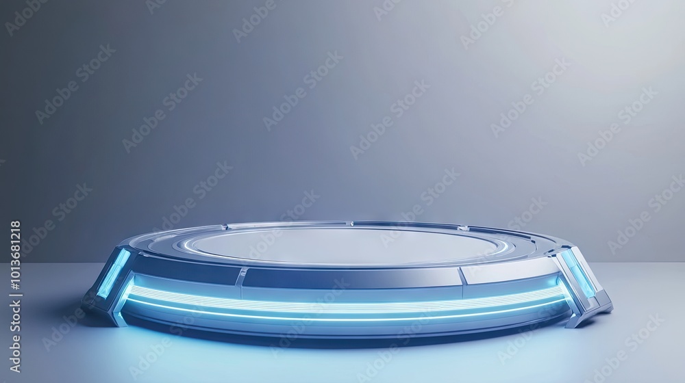 Futuristic display platform with glowing blue lights against a soft gradient background. Futuristic display platform with glowing blue lights against a soft gradient background.
