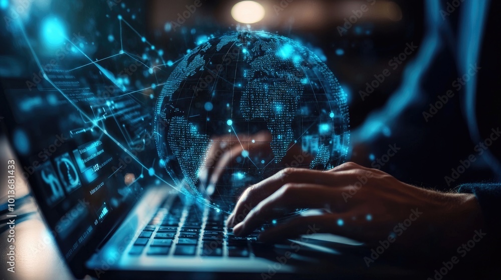 A male of unspecified ethnicity engages with a laptop, surrounded by a holographic digital globe and network connections. A male of unspecified ethnicity engages with a laptop, surrounded by a holographic digital globe and network connections.