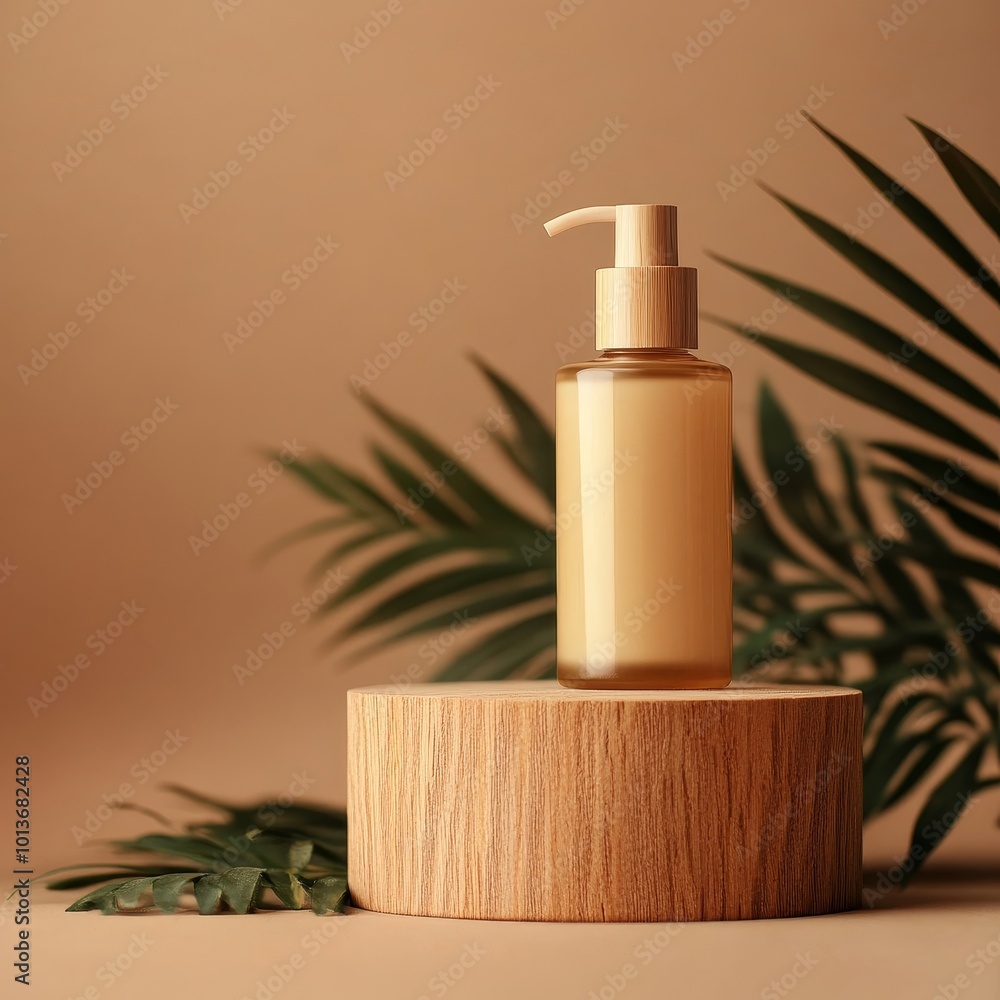 Cosmetic bottle on wooden podium with palm leaves. Skin care products.Cosmetic bottle on wooden podium with palm leaves on beige background Cosmetic bottle on wooden podium with palm leaves. Skin care products.Cosmetic bottle on wooden podium with palm leaves on beige background