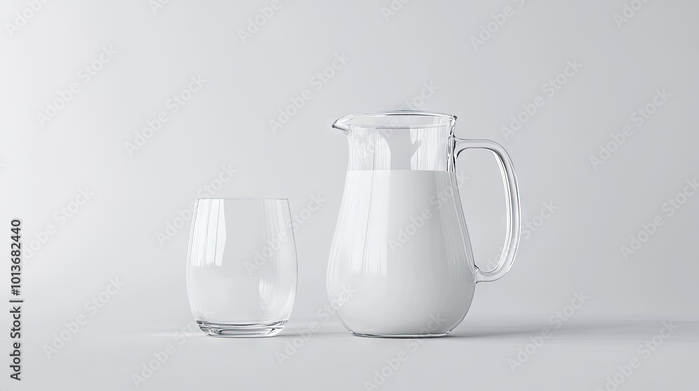 A clear glass pitcher filled with fresh milk beside an empty glass on a white surface. A clear glass pitcher filled with fresh milk beside an empty glass on a white surface.