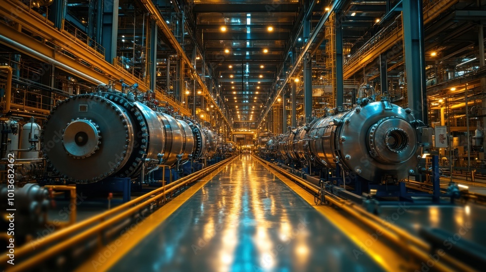 Obraz premium Illuminated Industrial Hallway with Machinery and Reflections