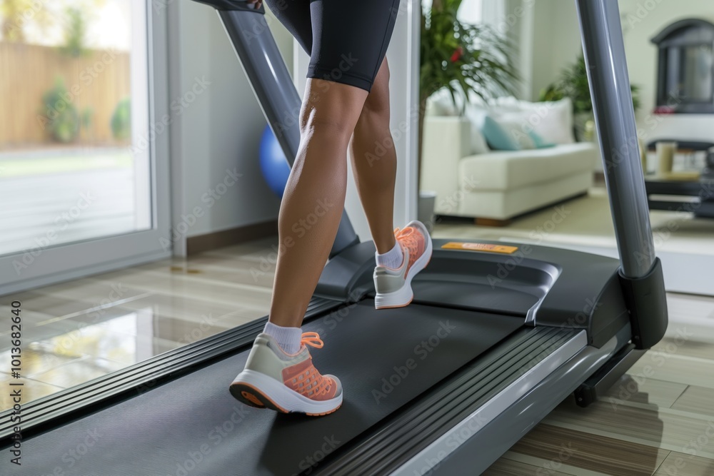 Woman legs on black treadmill for home workout. White socks, orange and white sneakers on beige carpet. Cozy, homely atmosphere with white couch, plant in background. Woman legs on black treadmill for home workout. White socks, orange and white sneakers on beige carpet. Cozy, homely atmosphere with white couch, plant in background.