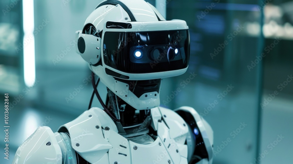 Futuristic robot wearing a VR headset AI generated image Futuristic robot wearing a VR headset AI generated image