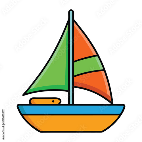 Colorful sailboat vector illustration with bold shapes, bright colors, and playful design.
Minimalist sailboat vector with orange body, green sails, and blue waves for children’s graphics.