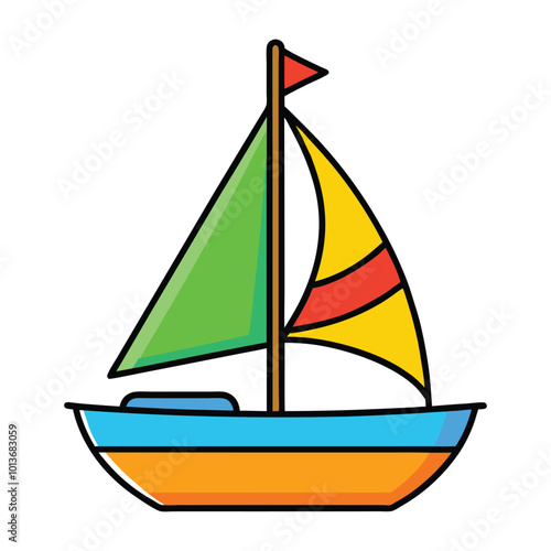 Colorful sailboat vector illustration with bold shapes, bright colors, and playful design.
Minimalist sailboat vector with orange body, green sails, and blue waves for children’s graphics.