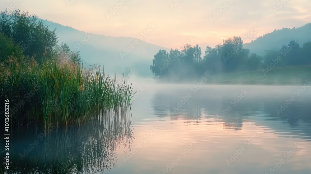 A serene morning landscape featuring mist over a tranquil lake surrounded by lush greenery. A serene morning landscape featuring mist over a tranquil lake surrounded by lush greenery.