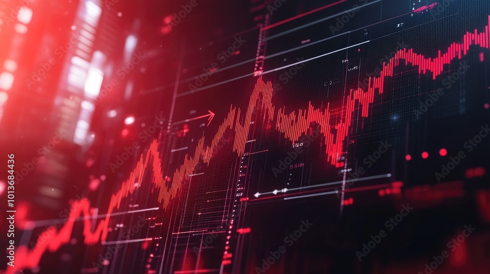 An abstract digital stock market graph in red tones, depicting fluctuating trends and data points.