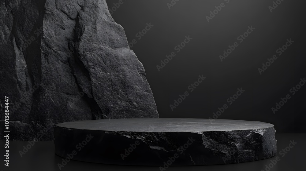 Dark gray stone podium background, ideal for studio product displays with a black scene, offering a refined and modern setting for showcasing products Dark gray stone podium background, ideal for studio product displays with a black scene, offering a refined and modern setting for showcasing products