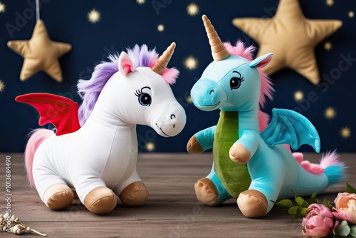 Whimsical Fairy Tale Plush Toys: Unicorn and Dragon on a Dreamy Starry Background photo