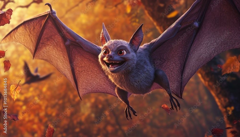 Obraz premium Cartoon Bats Flying in a Sunset Sky