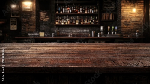 A rustic wooden bar top in a dimly lit pub, conveying a cozy and inviting atmosphere.