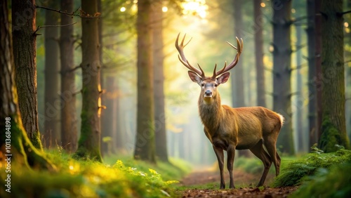 Majestic deer roaming peacefully in a lush forest setting, deer, wildlife, nature, forest, animal, peaceful, serene, majestic