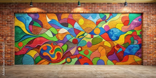 Painting on a brick wall with colorful abstract shapes , mural, street art, graffiti, urban, artwork, urban, design