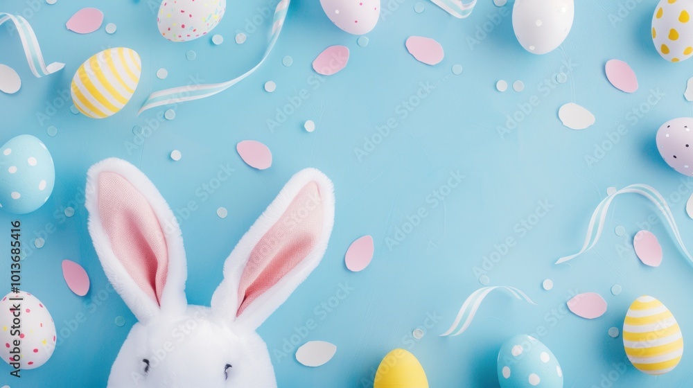 Flat lay of pastel-colored Easter eggs, bunny ears, and confetti on a blue background. Easter holiday and decoration concept. Flat lay of pastel-colored Easter eggs, bunny ears, and confetti on a blue background. Easter holiday and decoration concept.