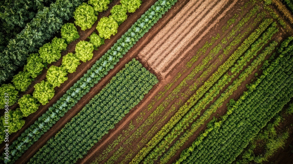 Aerial View of a Farm Field with Rows of Different Crops Aerial View of a Farm Field with Rows of Different Crops
