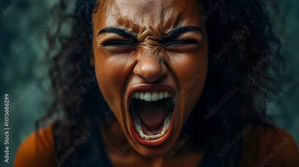 Intense and Powerful Close up Portrait of a Young Woman Captured in a Moment of Raw Emotion and Passion Depicting Her Screaming With Fiery Anguish and Ferocious Intensity Intense and Powerful Close up Portrait of a Young Woman Captured in a Moment of Raw Emotion and Passion Depicting Her Screaming With Fiery Anguish and Ferocious Intensity