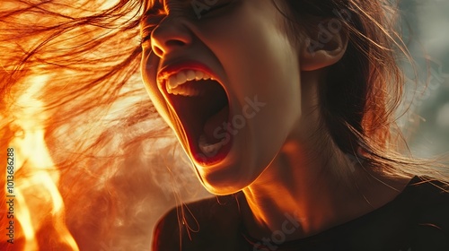 Captivating close up portrait of a young woman passionately screaming capturing raw energy and intense emotion in a dynamic and powerful moment  The image showcases the subject s expressive face photo