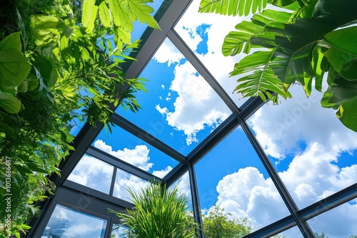 Sky reflecting in a modern glasswalled garden with exotic plants, architectural nature concept photo