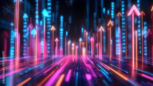 Dynamic neon arrows surging upwards in a futuristic digital landscape representing the flow of data technological advancement and high speed progress in a vibrant illuminated virtual world