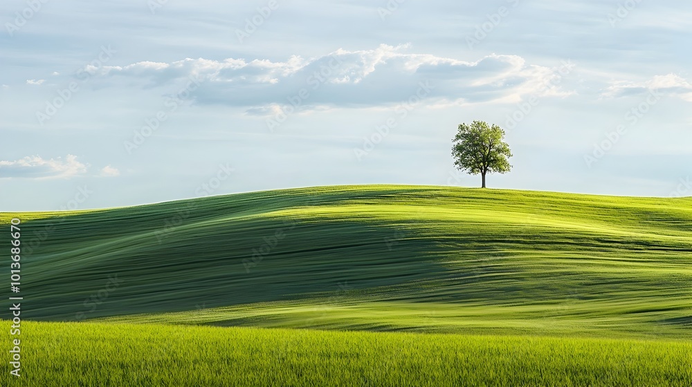 Obraz premium Lush green rolling meadow with a lone tree silhouetted against a cloudy sky in a peaceful pastoral Tuscan landscape The serene minimalist scene evokes a sense of tranquility and contemplation