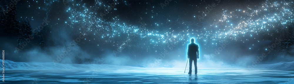 Futuristic Abstract Glowing Figure Ice Fishing on a Frozen Digital Lake Surrounded by Neon Lights and Radiant Snowflakes - Perfect for Winter Activities Futuristic Abstract Glowing Figure Ice Fishing on a Frozen Digital Lake Surrounded by Neon Lights and Radiant Snowflakes - Perfect for Winter Activities