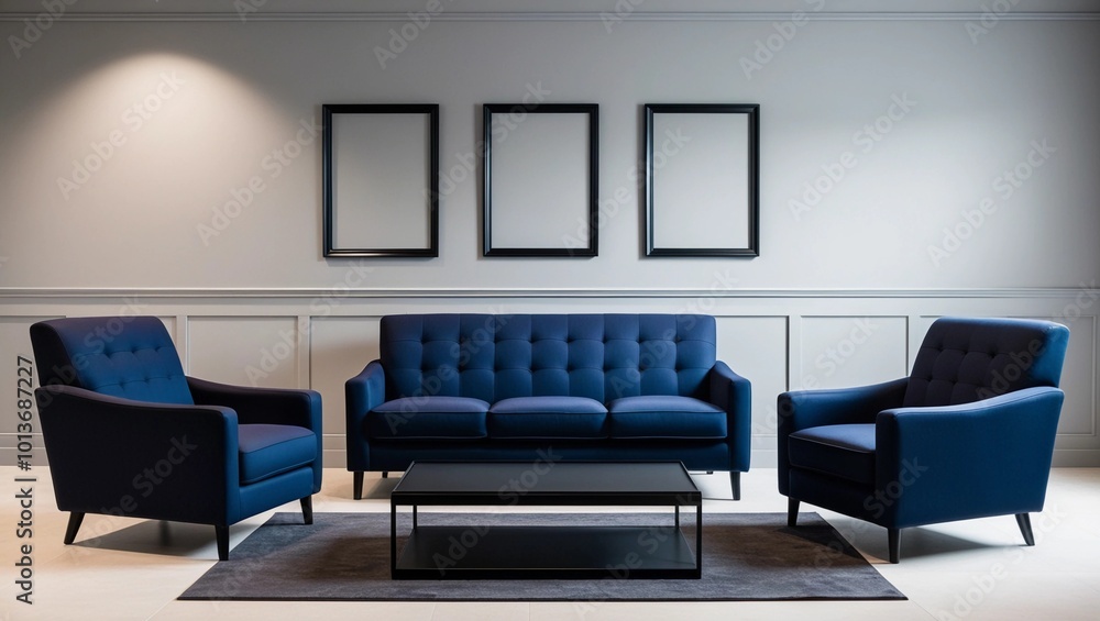 Elegant Living Room with Blue Upholstered Sofa Set and Black Frames
Elegant Living Room with Blue Upholstered Sofa Set and Black Frames
