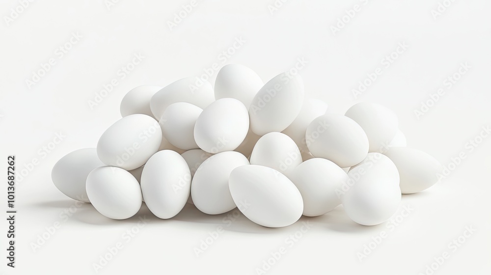 A pile of white eggs stacked together, showcasing their smooth surfaces and natural shine. A pile of white eggs stacked together, showcasing their smooth surfaces and natural shine.