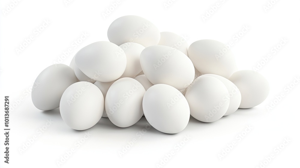 A pile of fresh white eggs against a clean white background, showcasing their smooth textures and natural beauty. A pile of fresh white eggs against a clean white background, showcasing their smooth textures and natural beauty.