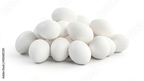 A pile of fresh white eggs against a clean white background, showcasing their smooth textures and natural beauty.