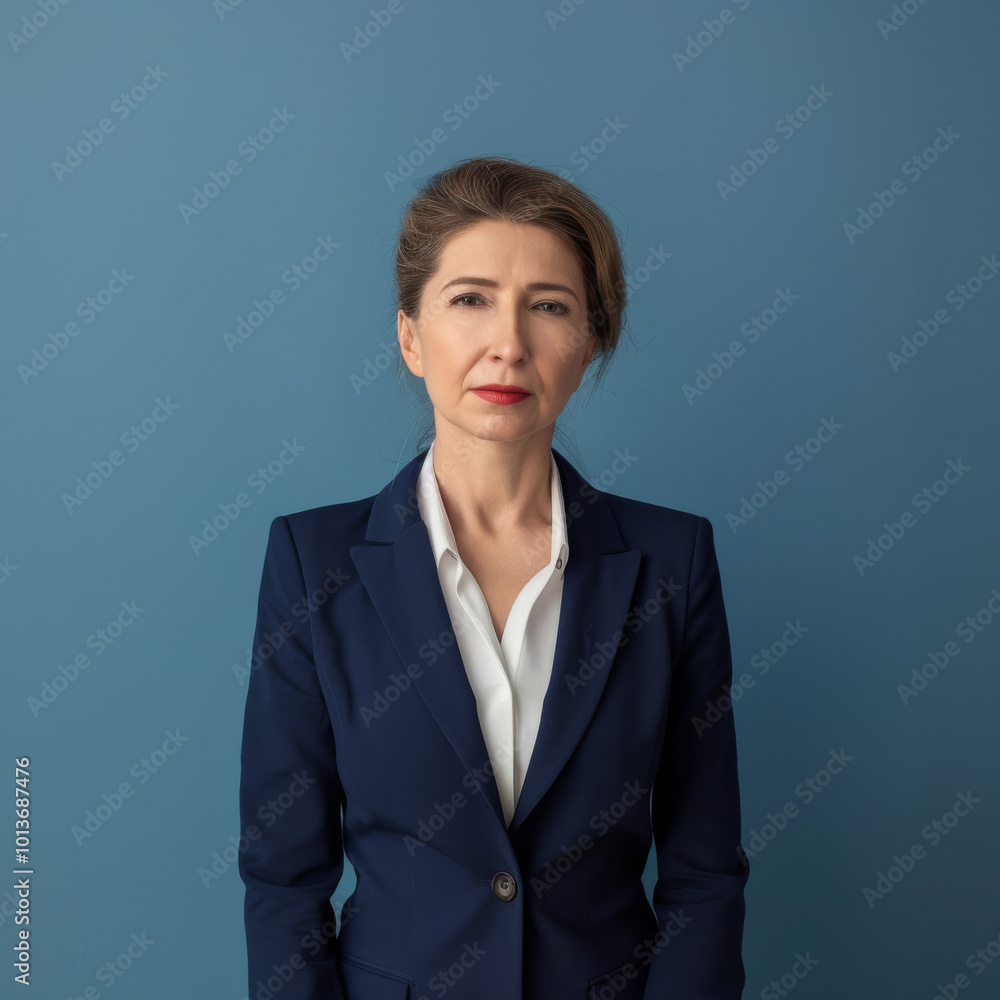 A woman in a stylish navy blue blazer stands confidently against a blue background, embodying poise and professionalism. A woman in a stylish navy blue blazer stands confidently against a blue background, embodying poise and professionalism.
