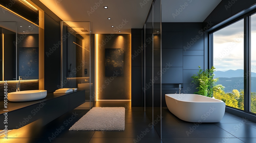 Dark hotel bathroom interior with a tub, glass shower, and window Dark hotel bathroom interior with a tub, glass shower, and window