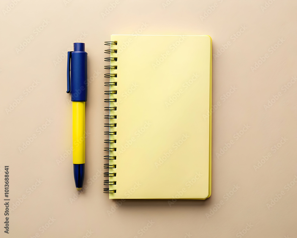 Blank Notebook and Pen: A simple yet powerful image of a yellow spiral notebook and a blue and yellow pen lying on a beige background. Perfect for showcasing your ideas, plans, and thoughts. Blank Notebook and Pen: A simple yet powerful image of a yellow spiral notebook and a blue and yellow pen lying on a beige background. Perfect for showcasing your ideas, plans, and thoughts.