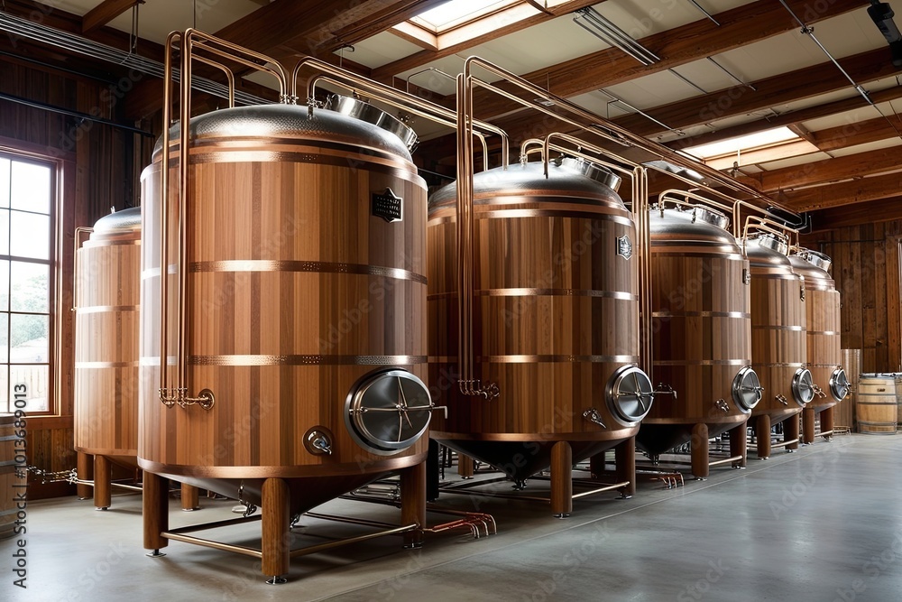 Elegant Wooden Fermentation Tanks with Bronze Tubing in Craft Brewery Hall Elegant Wooden Fermentation Tanks with Bronze Tubing in Craft Brewery Hall