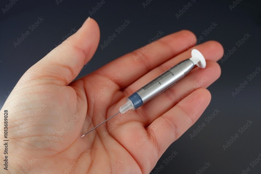 Hand holds silver syringe with blue needle and white cap on dark gray background. Close-up of medical device used for glucose measurement in diabetes management. Hand holds silver syringe with blue needle and white cap on dark gray background. Close-up of medical device used for glucose measurement in diabetes management.
